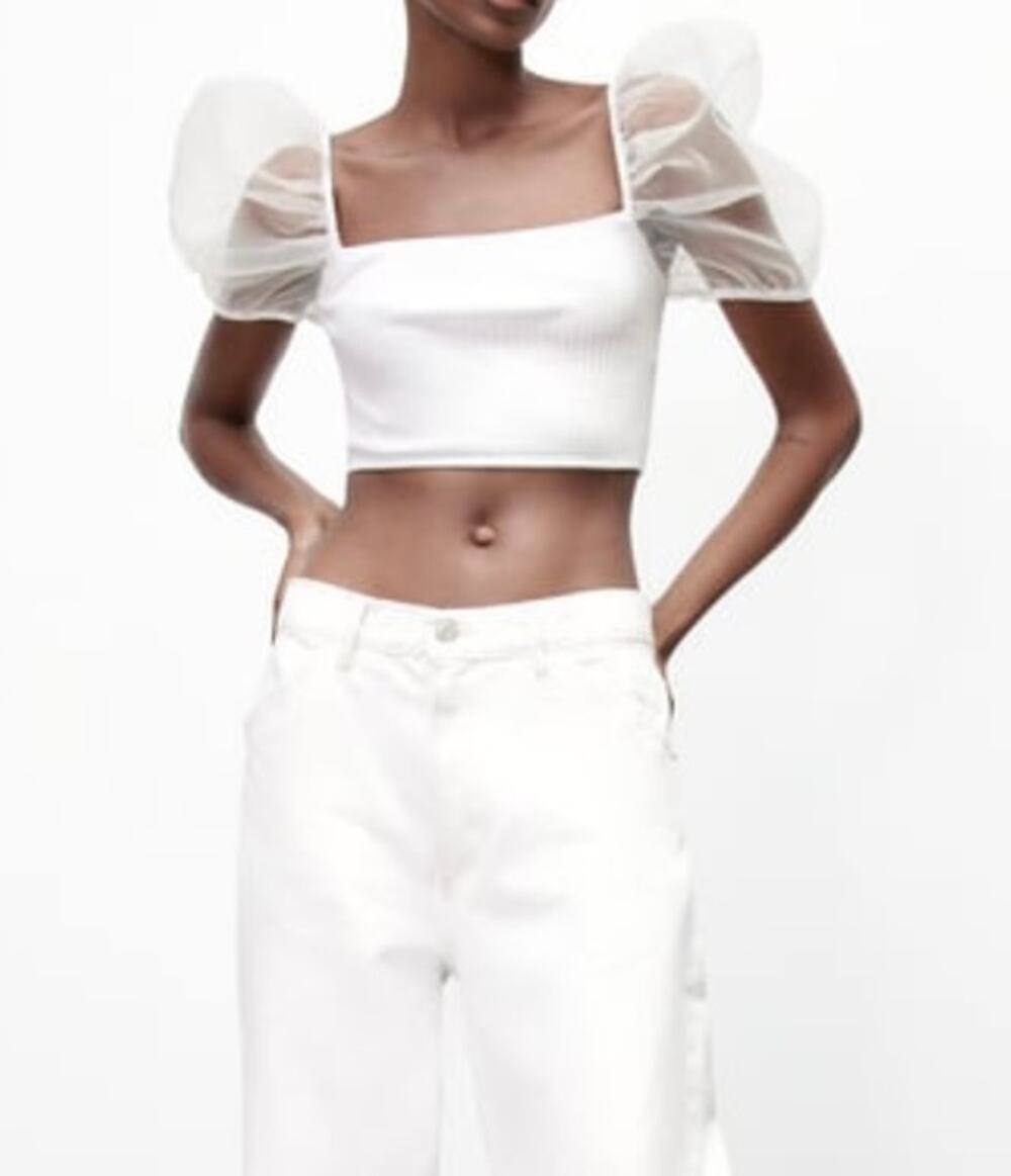 Zara White Ribbed Knit Organza Sheer Puff Sleeve Crop Top Blouse Size Small
